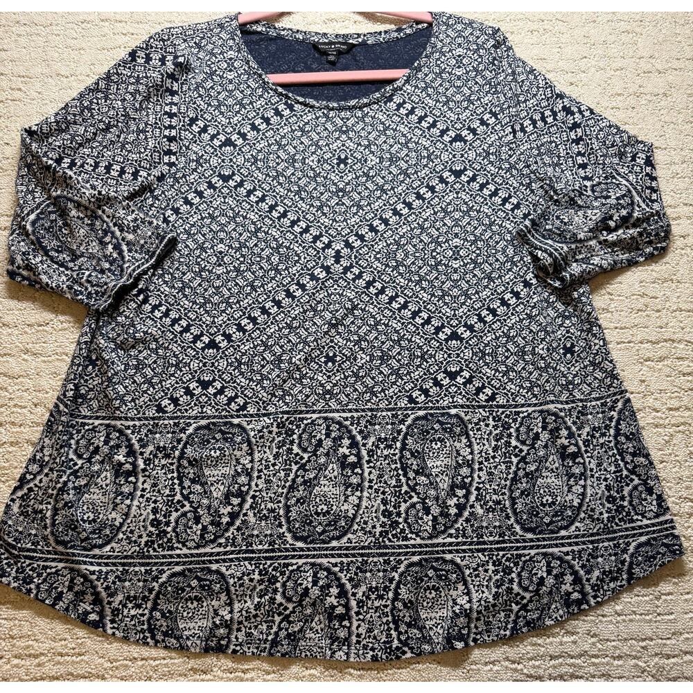 Lucky Brand Shirt Womens 1X Blue Paisley Boho Tunic Top 3/4‎ Sleeve Print